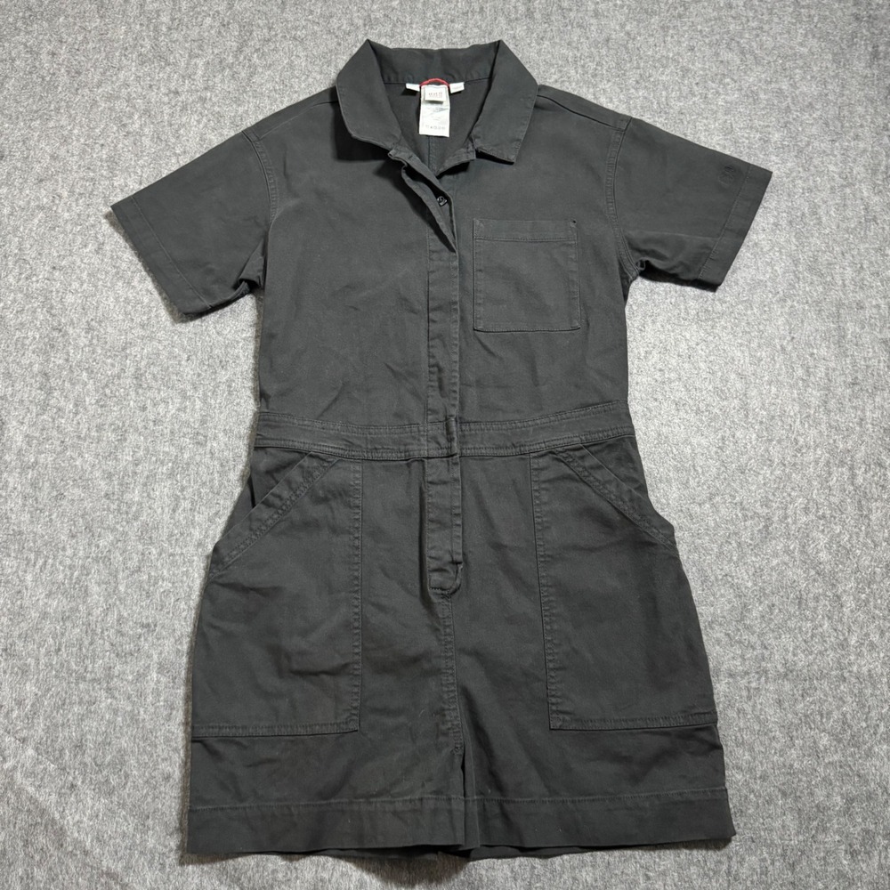 Topo Designs Womens Black Organic Cotton Canvas Short Sleeve Utility Romper M